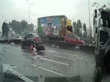Watch: Motorcyclist crashes right in front of oncoming truck; see what happens next