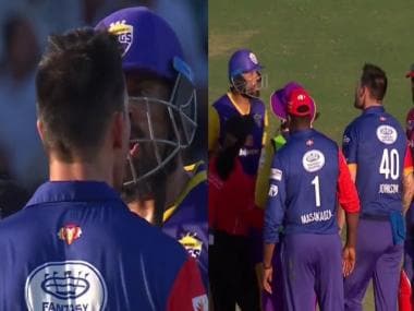 Watch: Mitchell Johnson pushes Yusuf Pathan amid ugly fight during Legends League Cricket match