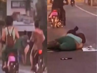 Woman falls while trying to kick bike rider, internet says ‘every action has an equal and opposite reaction’
